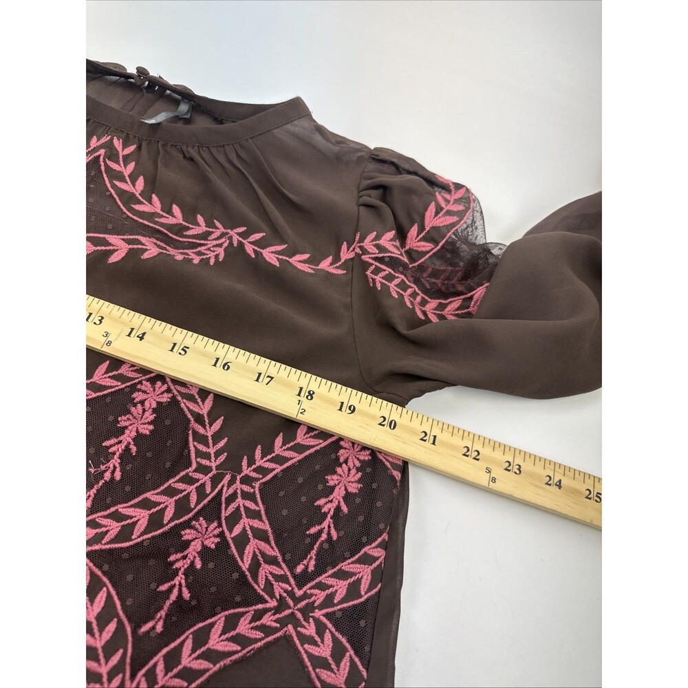 Anthropologie Long Sleeve Applique Blouse Brown Pink Embroidered Ruffle Chiffon - Picture 11 of 12
